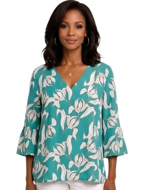 41 Hawthorn Green & White Floral V-neck 3/4 Sleeve Blouse Size L NWOT